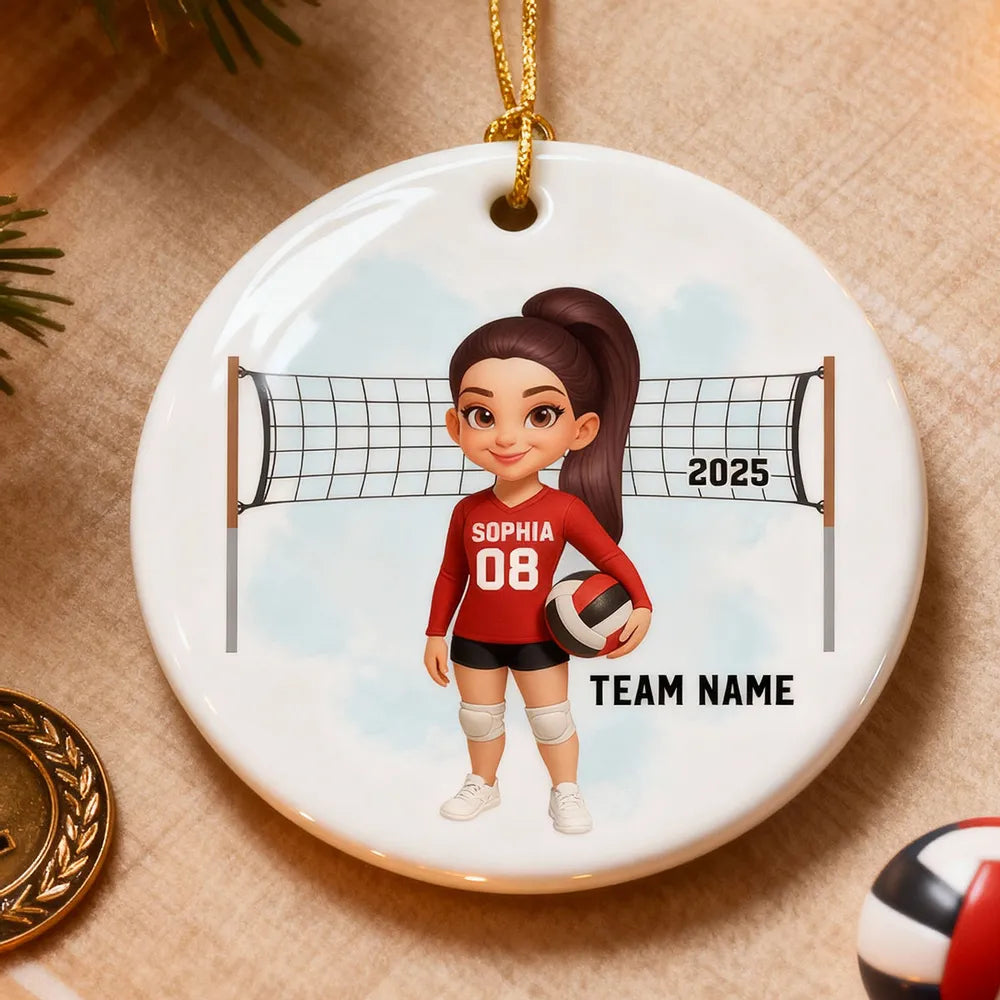 Volleyball Ceramic Ornament — customizable team & number, net backdrop — celebrate big wins, perfect gift for players & coaches