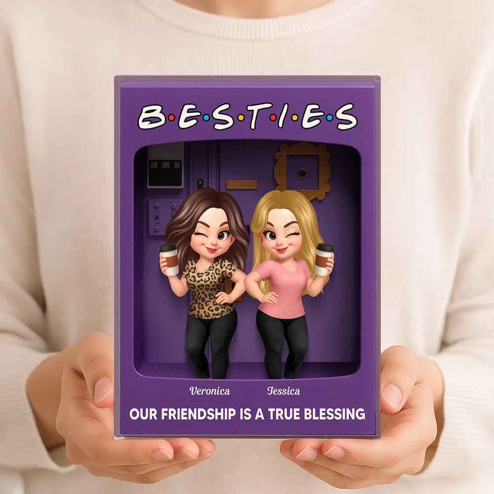 Rectangle Acrylic Block Plaque for Besties — cute characters holding coffee, purple backdrop, perfect friendship gift for birthdays, holidays, and everyday smiles
