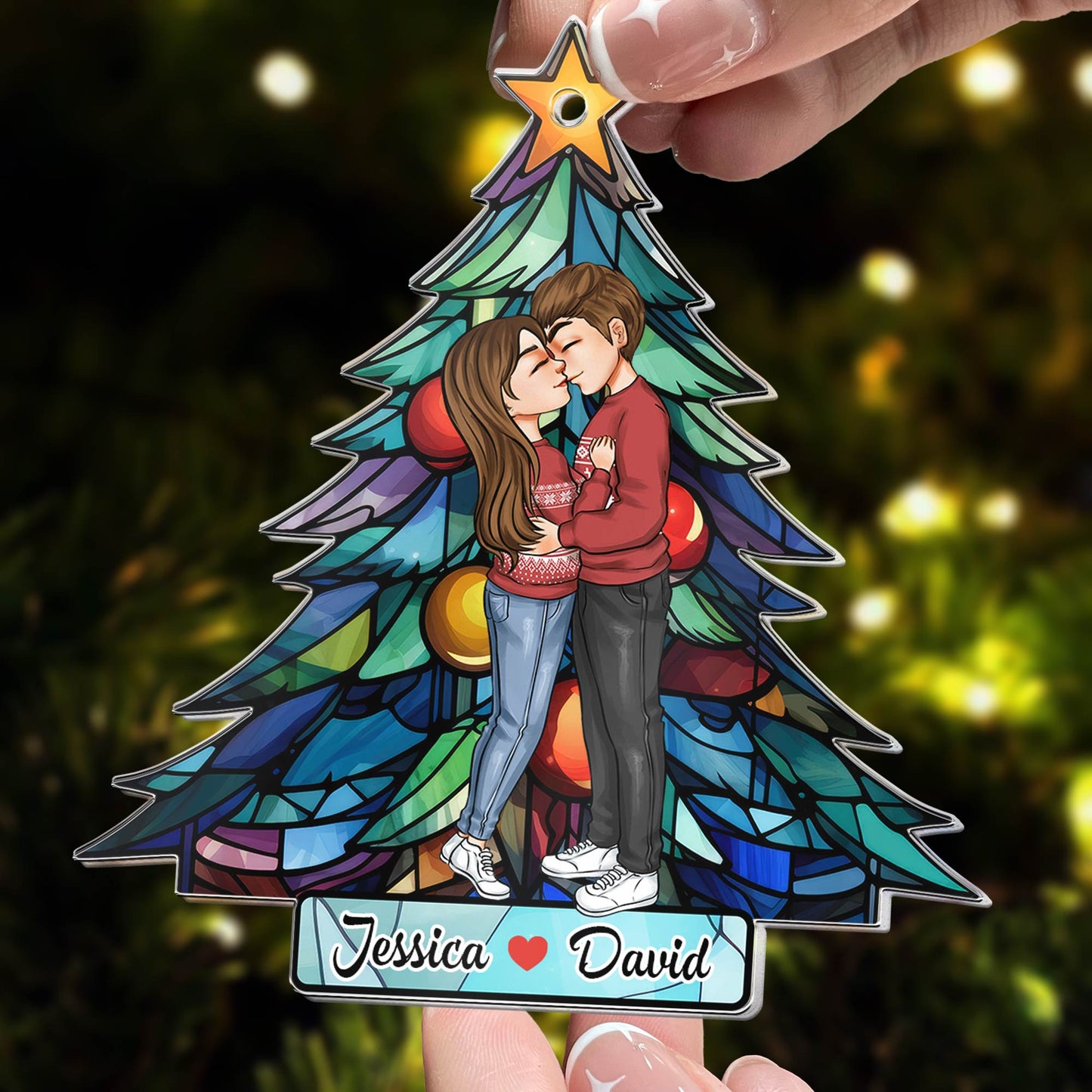 Acrylic Ornament with stained-glass style Christmas tree, hugging couple theme—easy to hang, festive décor and a perfect gift for partners