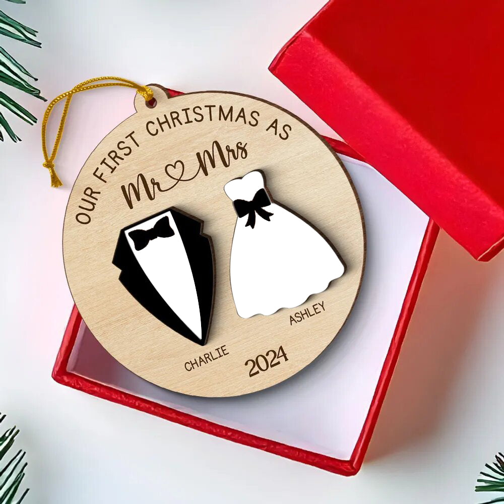 2-Layer Wooden Ornament for Married Couples, Wedding Keepsake and Perfect Christmas Gift
