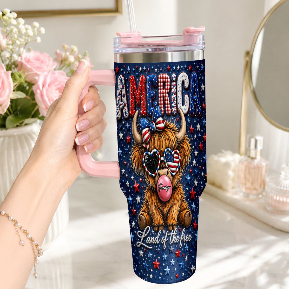 Land Of The Free - Personalized Highland Cow Tumbler With Plush Charm