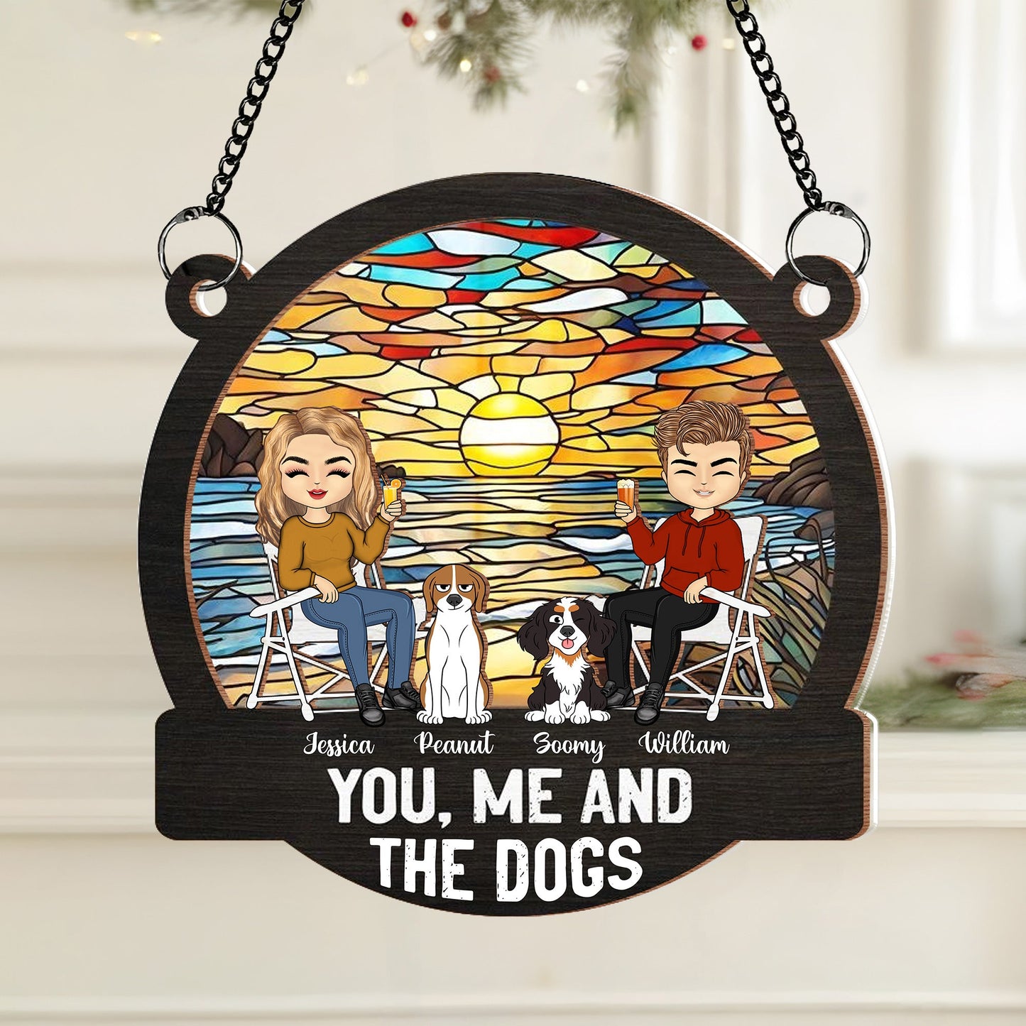 You, Me & the Dog Enjoying a Forest Sunset - Custom Wood & Acrylic Ornament, Perfect for Dog Lovers’ Birthdays or Holiday or valentine's day Gifts