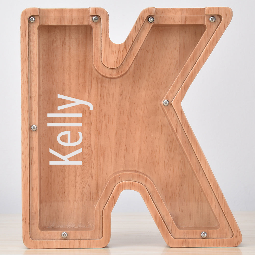 Custom Initial And Name - Personalized Letter And Name Oak Wooden Piggy Bank