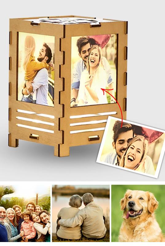 Four-sided Photos Wooden - Personalized Couple Any Photo Lamp