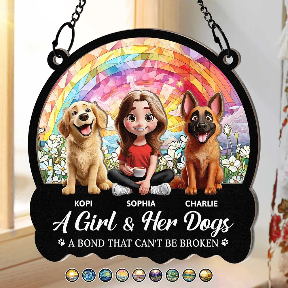 Personalized Wood and Acrylic Layered Ornament – ‘A Girl & Her Dogs’ Design, Vibrant Rainbow and Floral Background, Perfect Gift for Dog Lovers