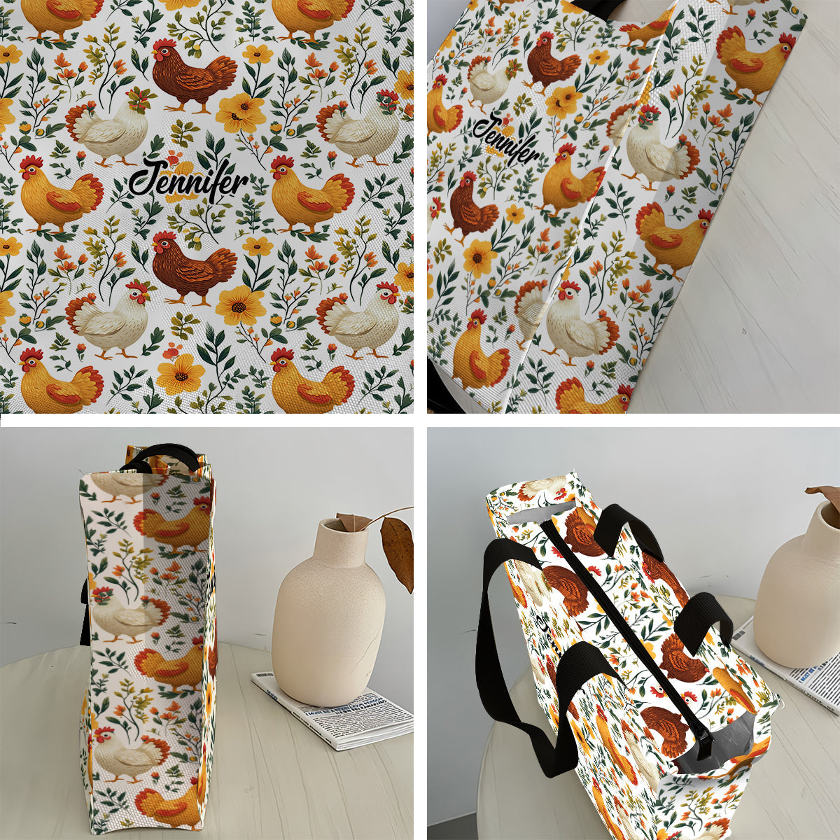 Cute Floral Chickens - Personalized Chicken All-Over Print Canvas Tote Bag