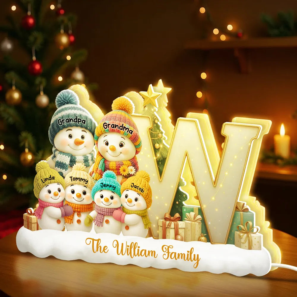 Snowman Family Christmas Acrylic Light Box | Personalized Initial Display, Perfect Gift for Families