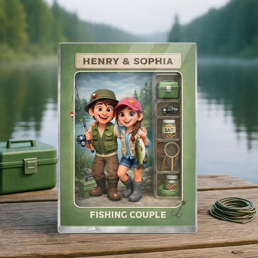 Personalized Rectangle Acrylic Block Plaque Fishing Couple Cartoon Keepsake for Lake-Loving Partners, Unique Creative Gift