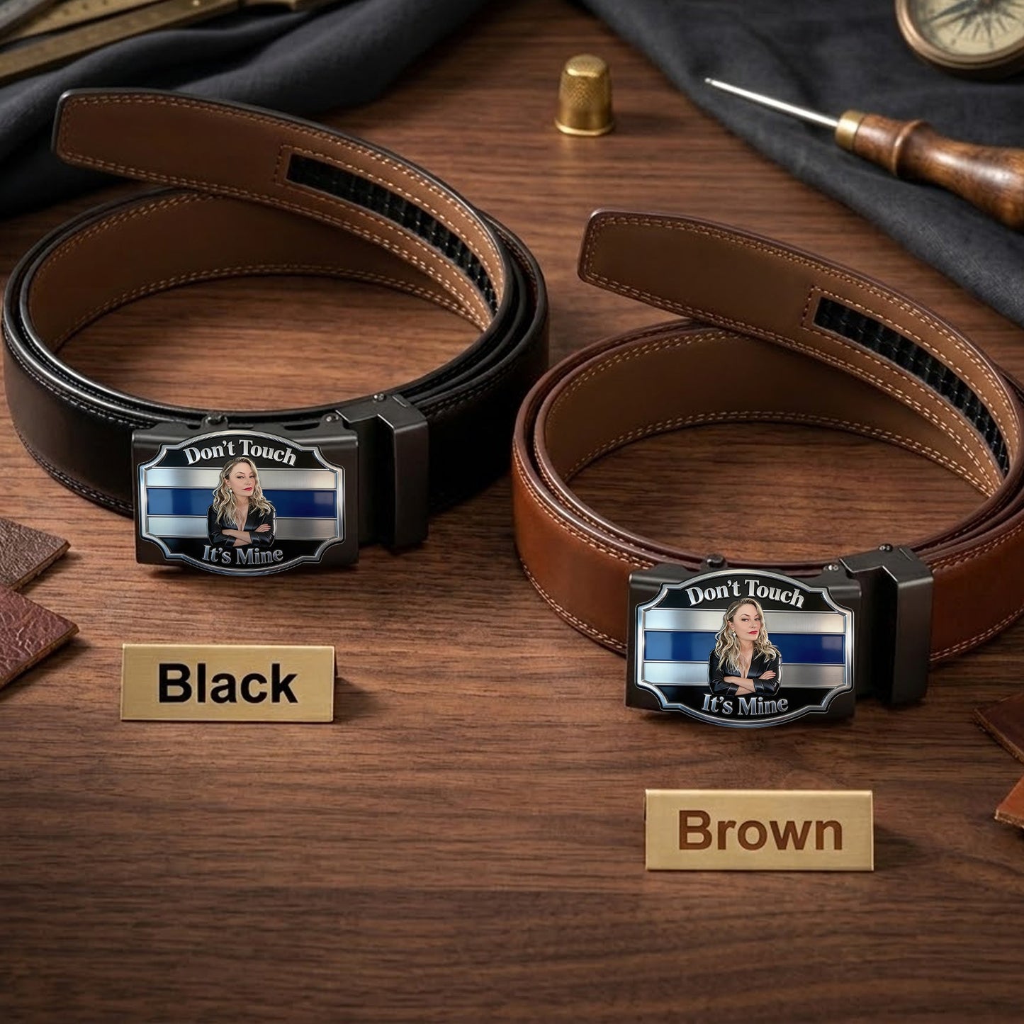 It's Mine - Personalized Couple Leather Belt With Shaped Buckle