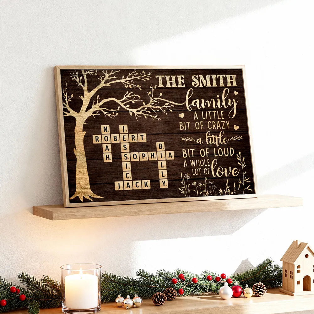 Custom Family Tree Poster with Name Crossword, Warm Wall Art Keepsake, Meaningful Housewarming or Christmas Gift