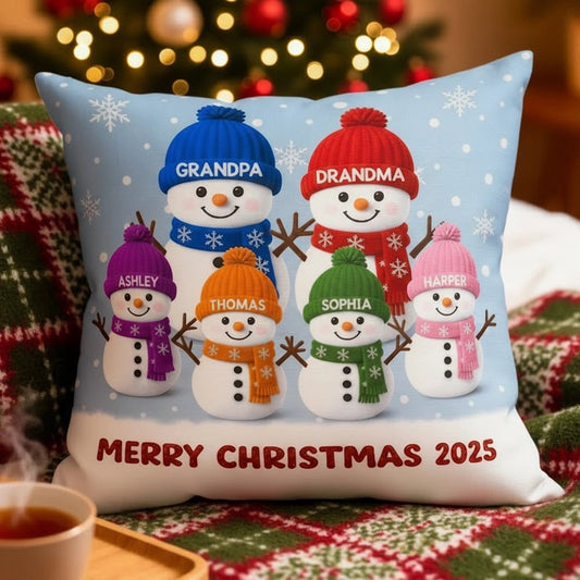 Square Pillow with Cute Snowman Family, plush velvet feel, festive room accent and creative gift for Grandma & Grandpa