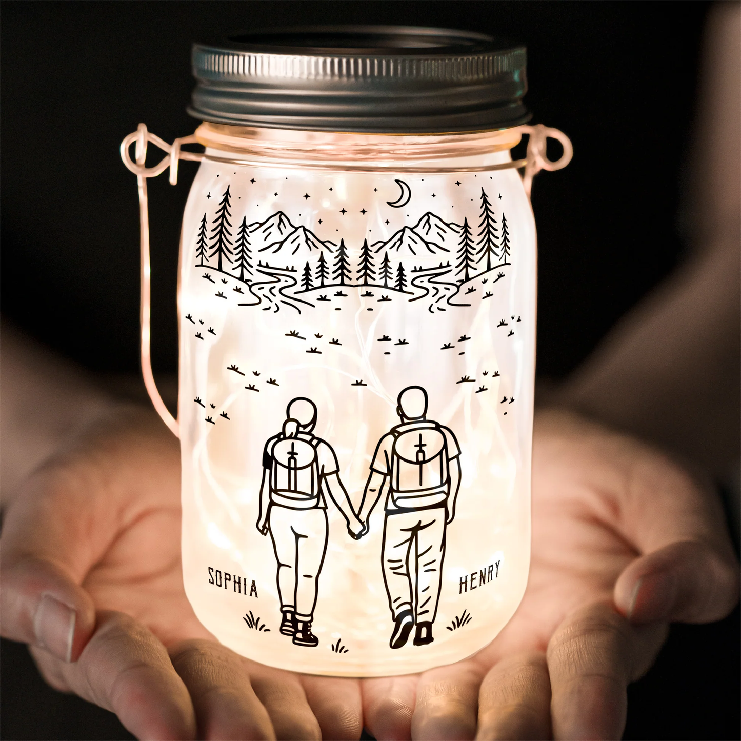 Personalized Solar Mason Jar Light with Adventure Partners For Life Hiking Couple Design - Unique Gift for Couples