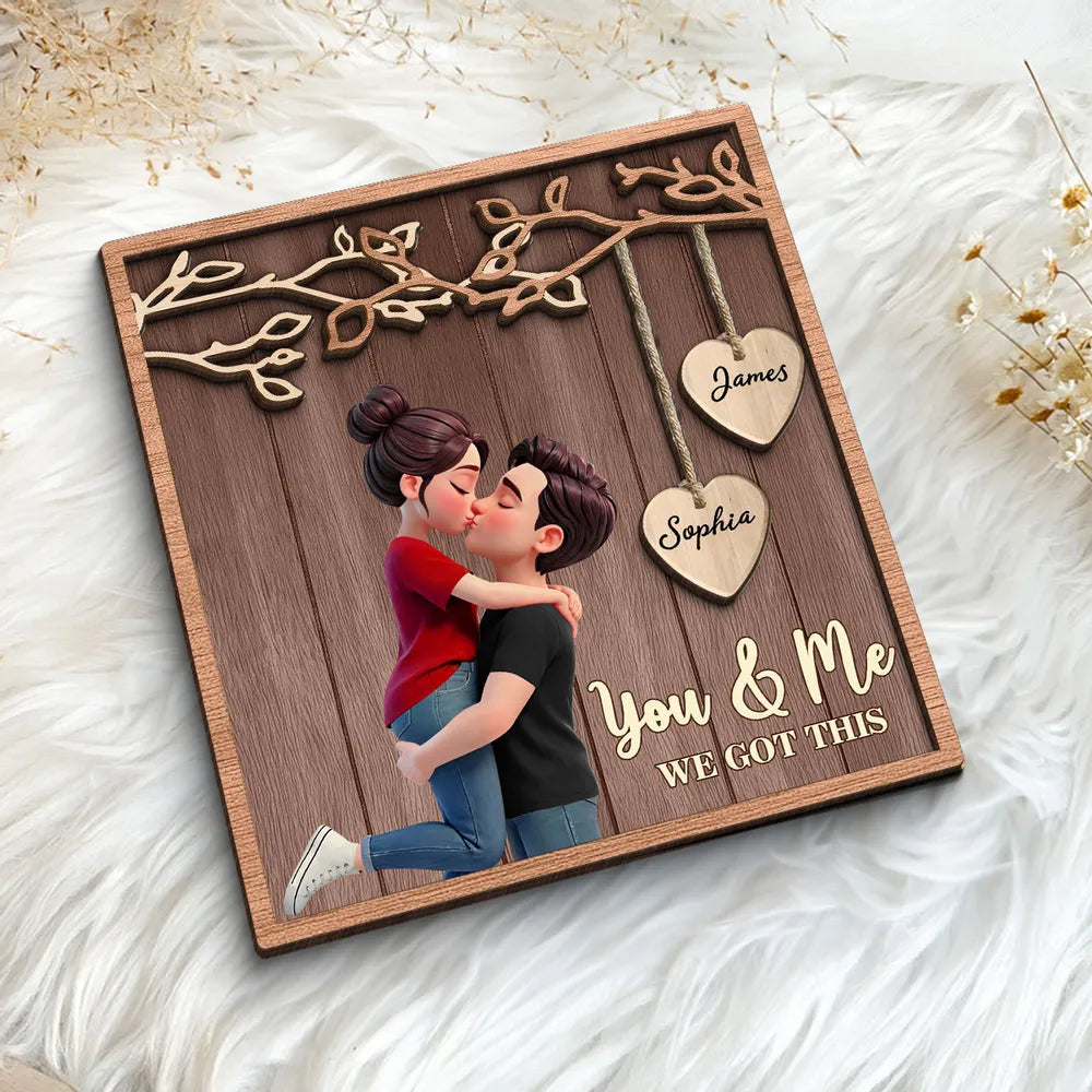 2-Layer Wooden Plaque Personalized for Couples, Romantic Hug and Kiss Under Hanging Hearts, Sweet Keepsake Gift for Him or Her