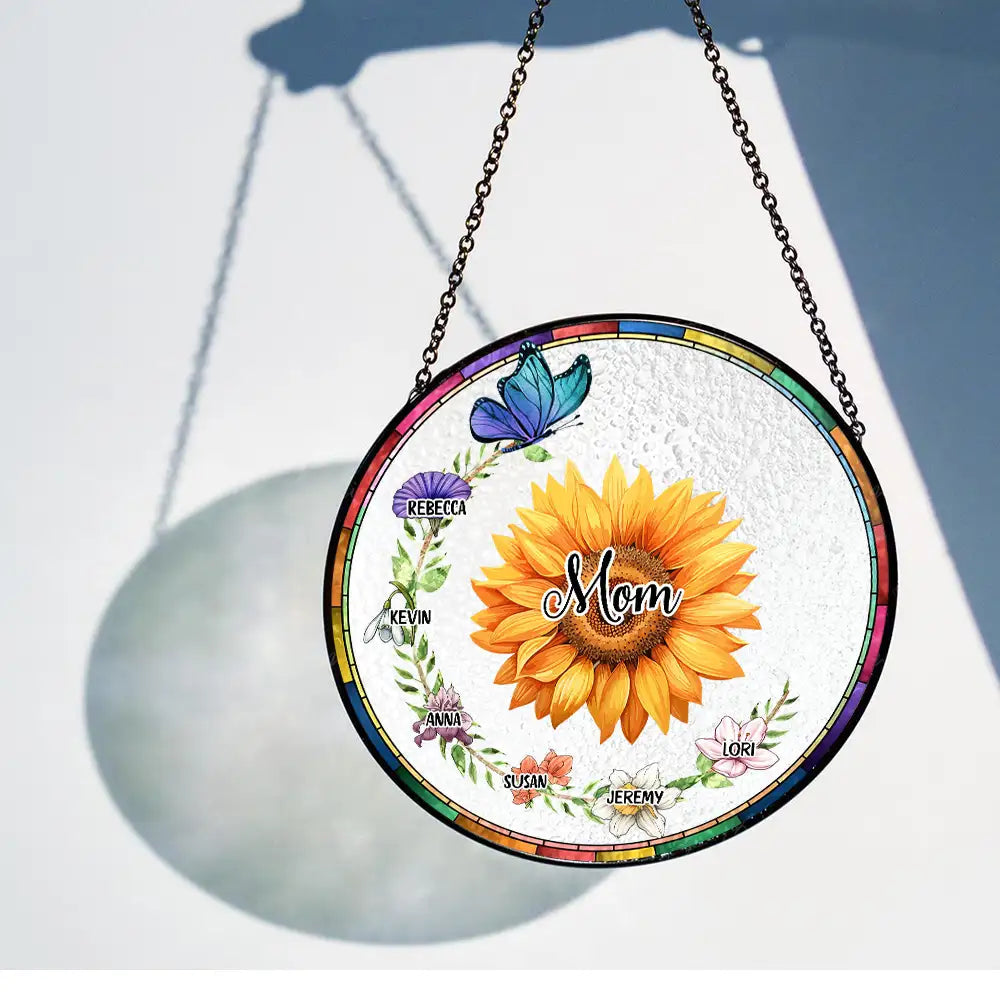 Custom Sunflower Suncatcher Ornament – Personalized Mom or Grandma Gift with Grandkids' Names & Flowers