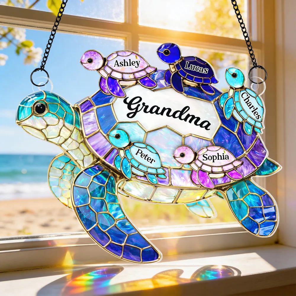 Acrylic Suncatcher Ornament for Grandma with Sea Turtle Family, Beachy Window Decor with Rainbow Shine, Thoughtful Personalized Gift