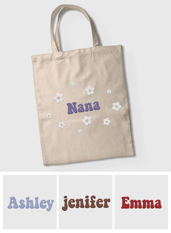 Custom Name With Flower - Personalized Grandma Embroidered Tote Bag