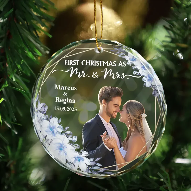 Personalized Crystal Ornament for First Christmas Married – Custom Photo Couple Keepsake, Romantic Holiday Tree Gift