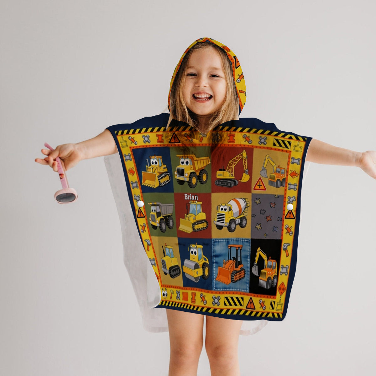Construction Machines - Personalized Kid Hooded Towel Poncho