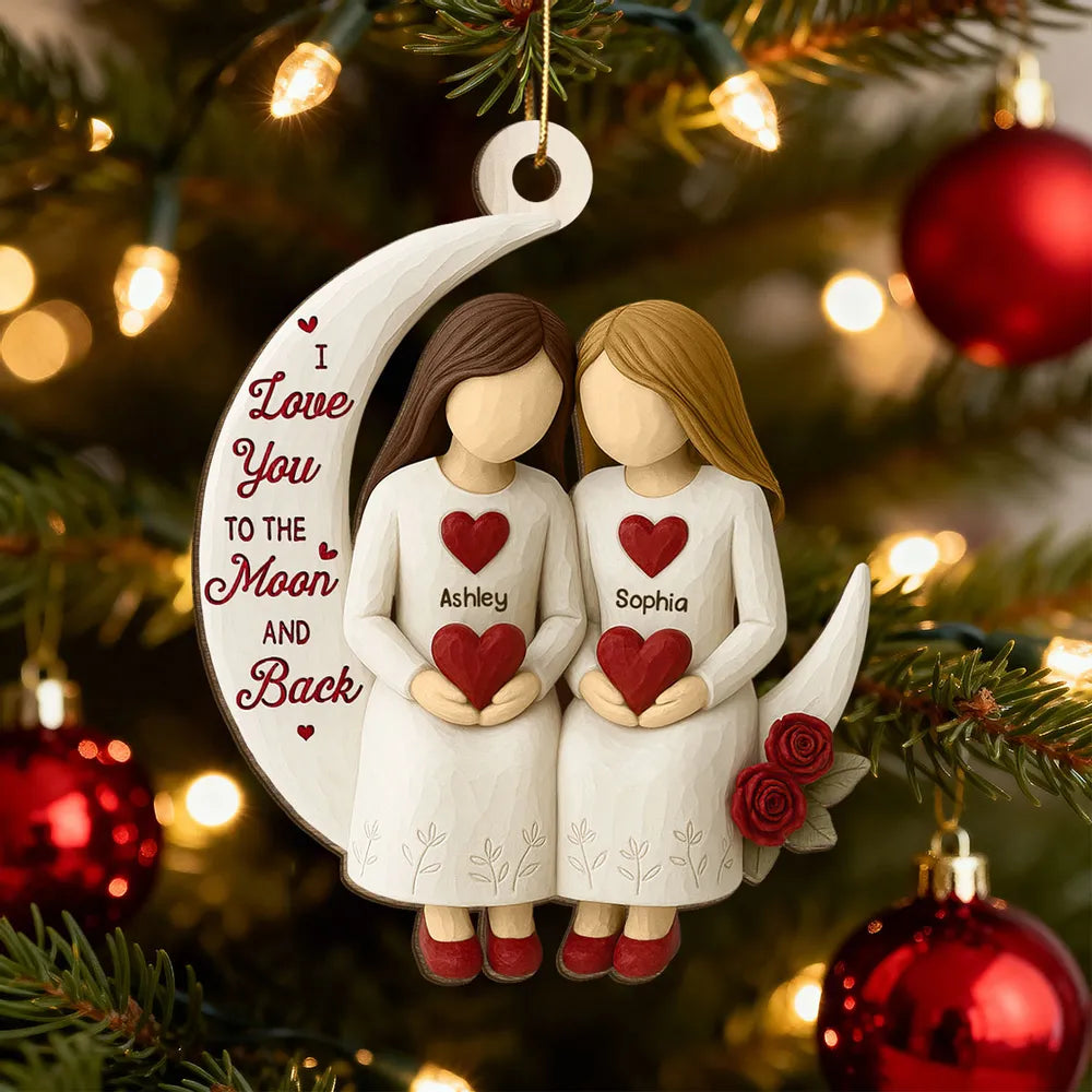 Wooden Ornament, Chosen Sister Friendship Design for Christmas Tree, crescent moon hearts, a unique gift for Best Friend