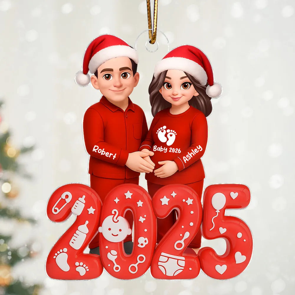 Acrylic Ornament for Expecting Parents - Personalized Santa-Hat Couple, Cozy Tree Keepsake, a unique gift for Mom-to-Be & Dad