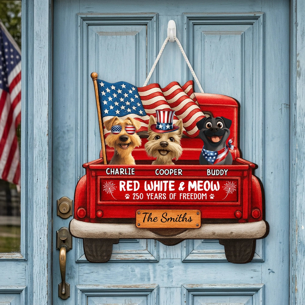 Personalized Patriotic Dog Wooden Sign, Red Truck With American Flags, Cute Funny Kitchen Decor, Unique Gift For Dog Lovers