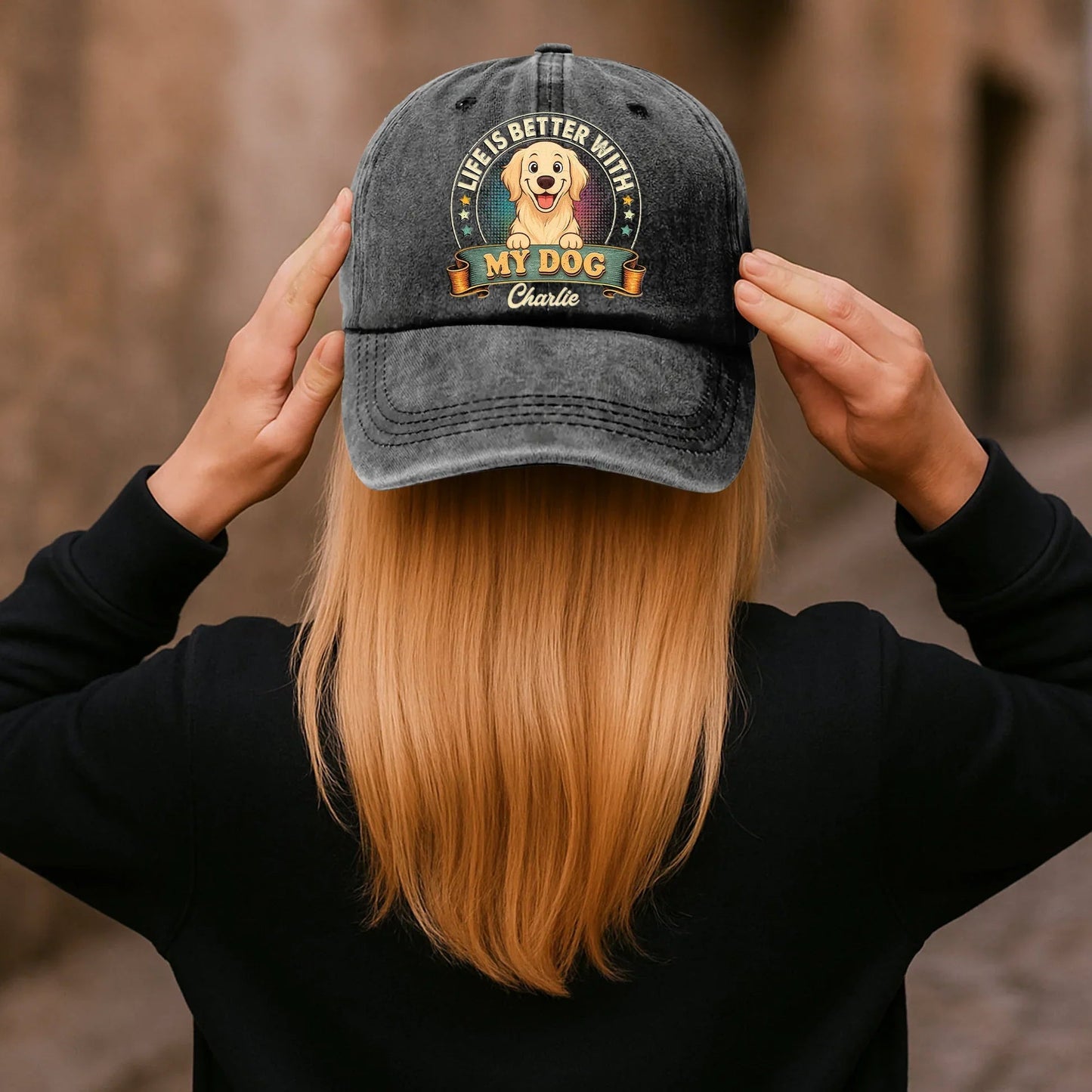 Personalized Washed Denim Baseball Cap With Cute Dog Graphic, Vintage Look Outdoor Wear, Unique Gift for Dog Lovers