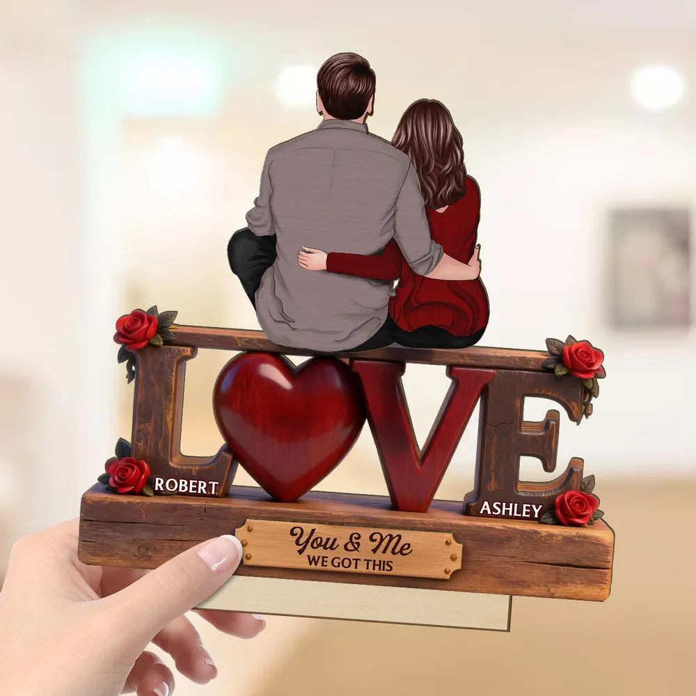 2-Layer Wooden Plaque Personalized Love Keepsake, Couple Sitting Embracing with Roses, Sweet You & Me Gift