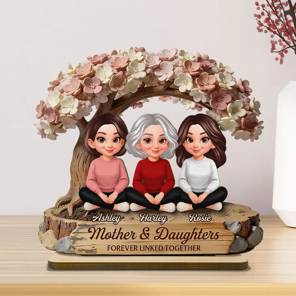 Mother & Daughters Forever Linked Together 2-Layer Wooden Plaque, Personalized Family Keepsake Gift for Mom