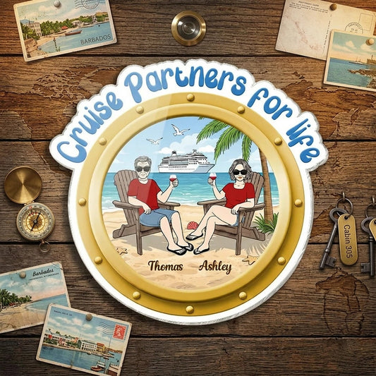 Personalized Cruise Partners For Life Acrylic Magnet, Beach Couple Toasting Porthole Design, Unique Gift for Couples