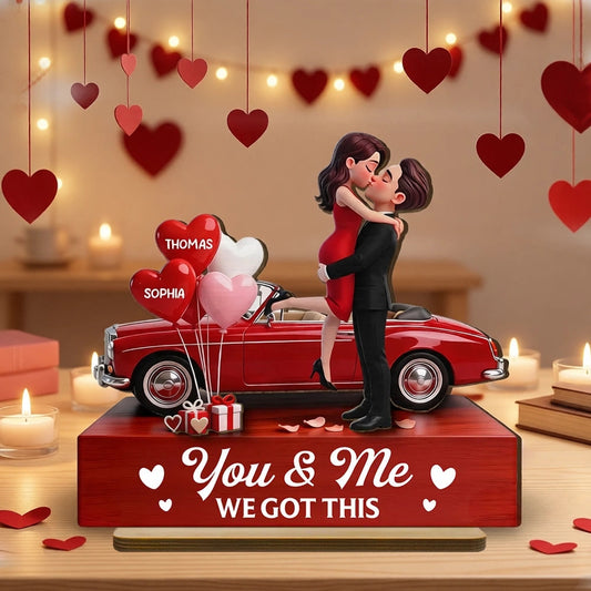 Personalized 2-Layer Wooden Plaque Couple Hugging by a Red Car, You & Me We Got This, Unique Valentine's Day Gift