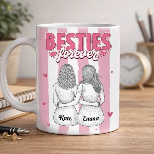 Besties Forever Ceramic Mug, Personalized Coffee Mug for Best Friend or Sister, Sweet Hug Illustration Unique Gift