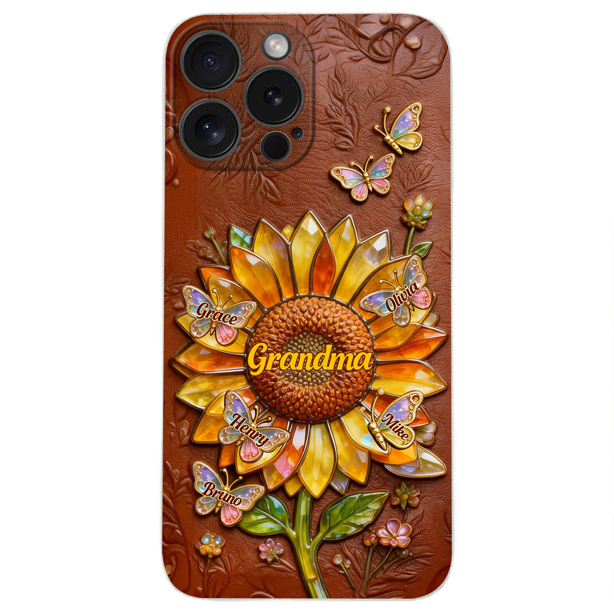Grandma Sunflower - Personalized Grandma 3D Embossed Leather Phone Case
