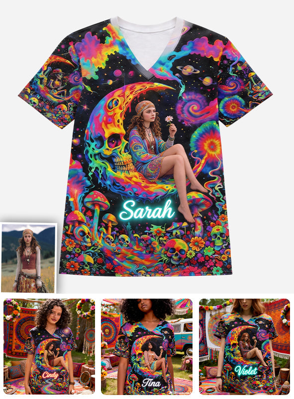 Custom Any Photo Hippie Skull Psychedelic - Personalized Hippie Fully Printed V-Neck T-Shirt