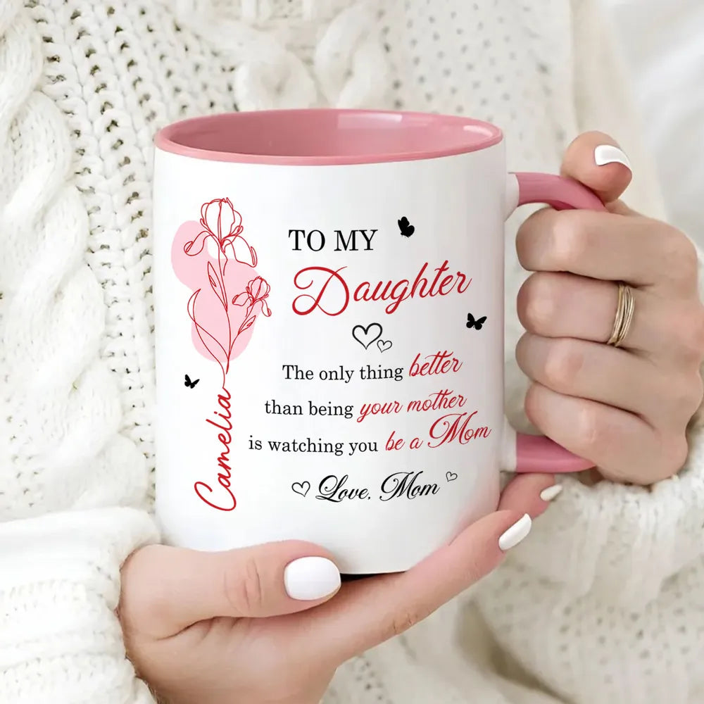 Personalized Ceramic Mug with Heartfelt Daughter Quote and Floral Line Art, Unique Mother's Day Gift from Mom