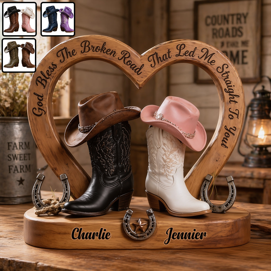 Cowboy & Cowgirl Couple, Western House Decoration, God Bless The Broken Road - Personalized Western Outfit Custom Shaped Wood Plaque