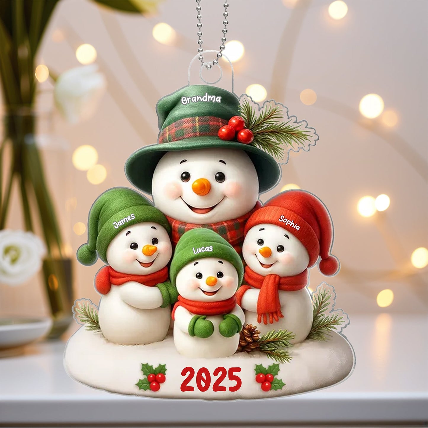 Acrylic Ornament Snowman Family Design for Holiday Décor, Warm Festive Accent, Gift-Ready for Grandma and Family