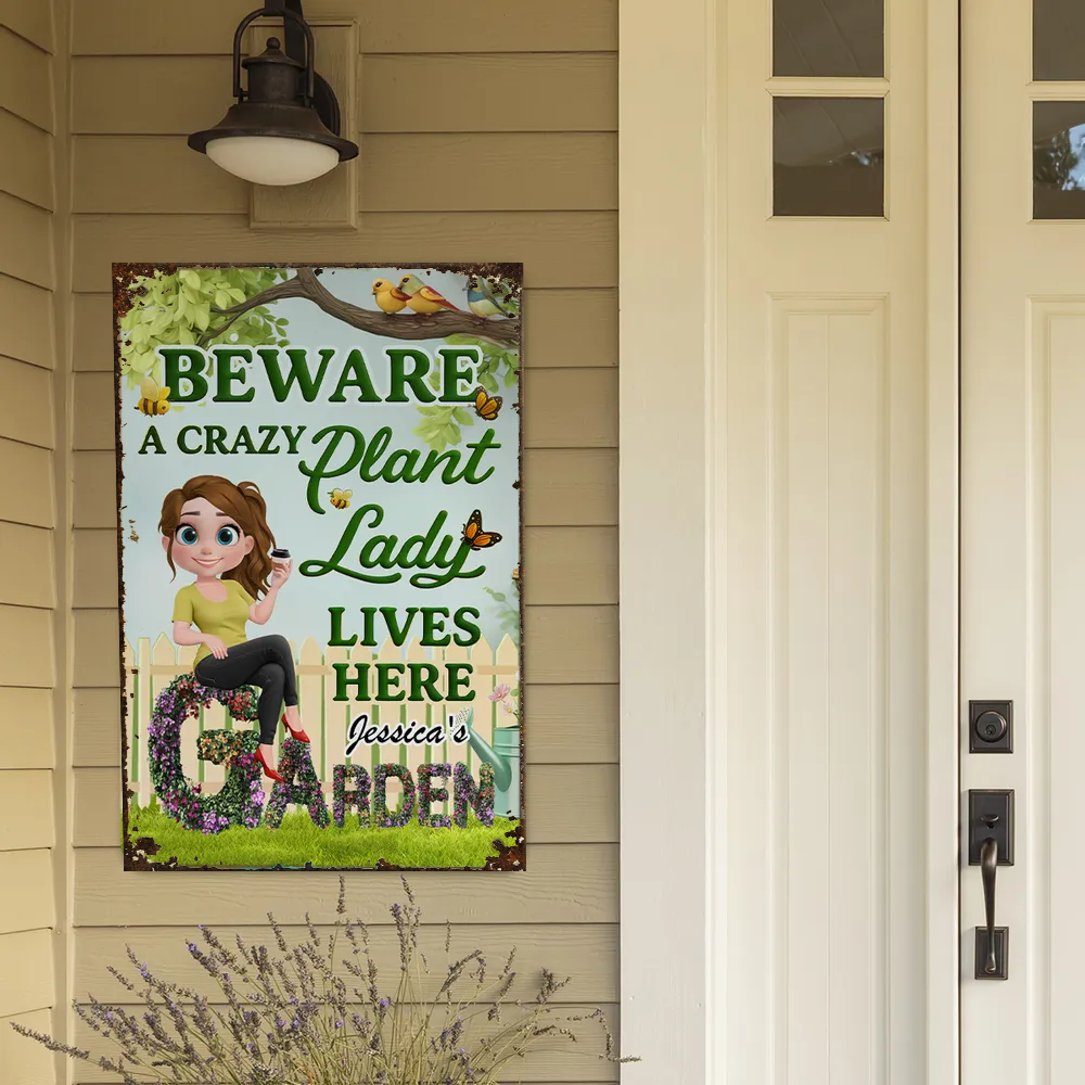 Beware A Crazy Plant Lady Garden Sign – Personalized Garden Decor for Plant Lovers