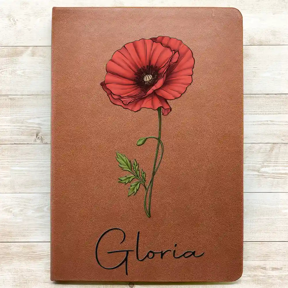 Personalized Leather Journal with Birth Month Flower Art, Custom Name Keepsake Notebook, Unique Gift for Her