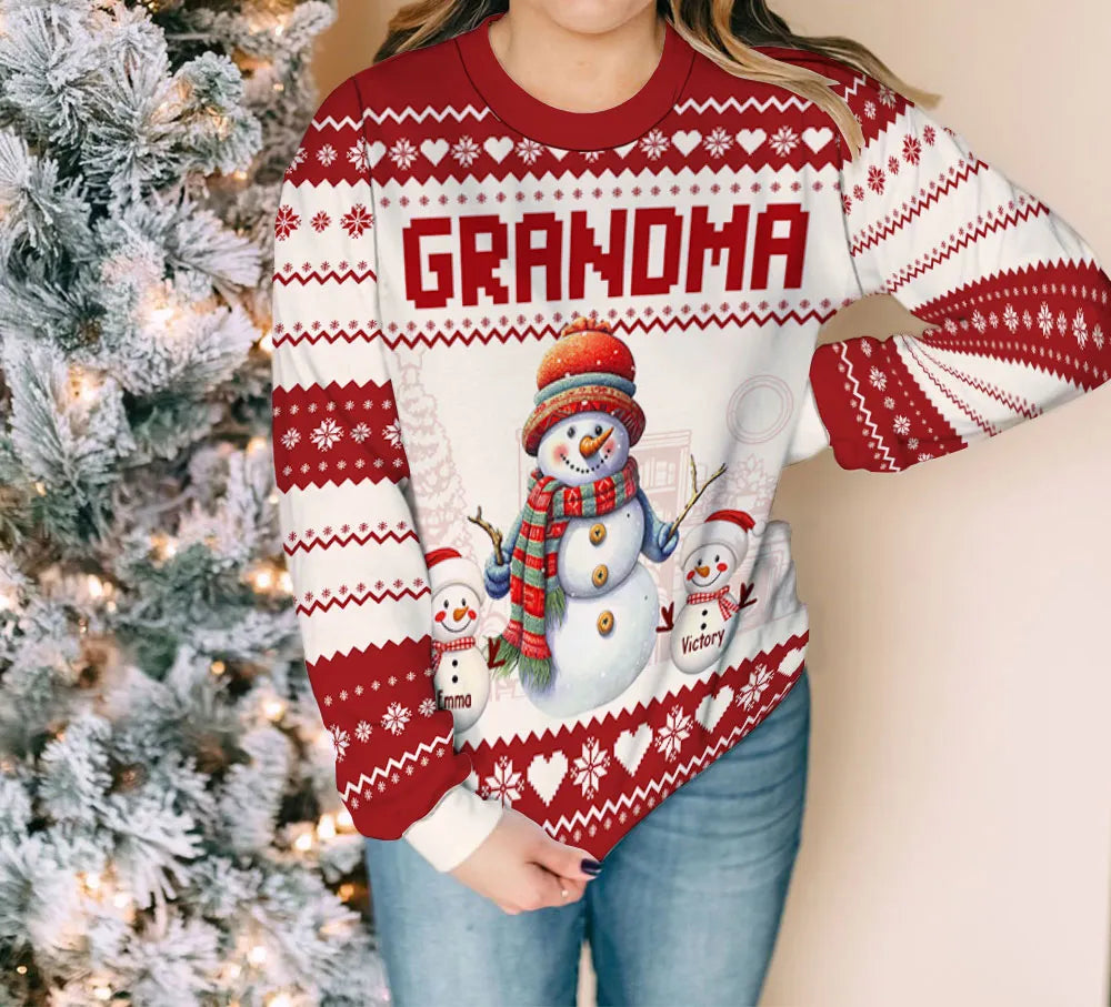 Personalized Grandma Title (GIGI/NANA) Snowman Family Sweater, Customizable Snowman Numbers, Unique Christmas Gift