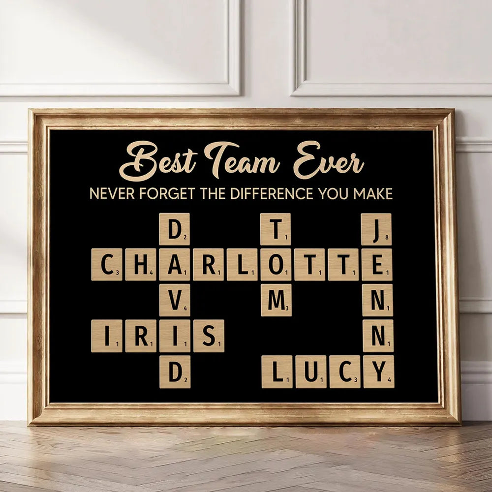 Best Team Ever Personalized Poster with Crossword Tile Art, Office Wall Decor, Meaningful Thank You Gift for Coworkers & Boss
