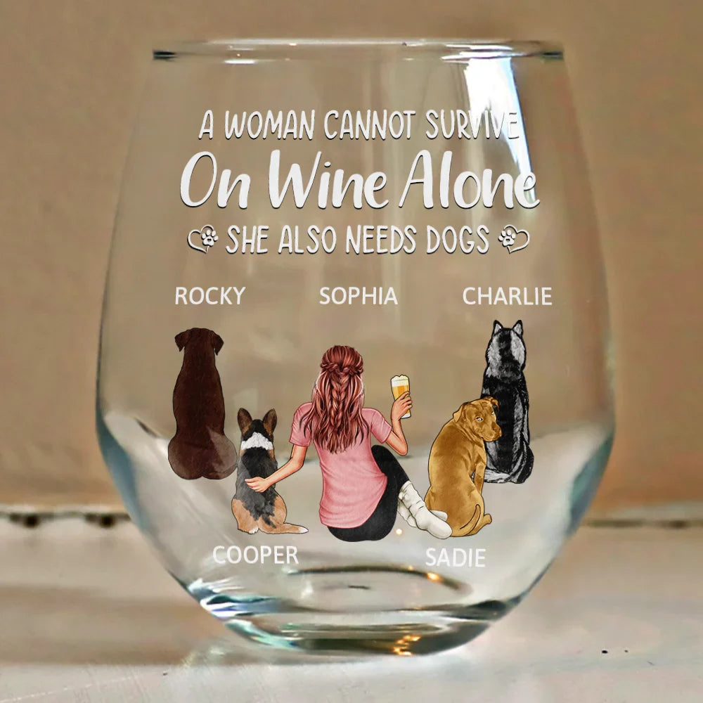 “Wine and Dogs Are Essential” Personalized Stemless Wine Glass - Valentine’s Day Gift - Perfect for Dog Moms/Dads - Beach Scene Design