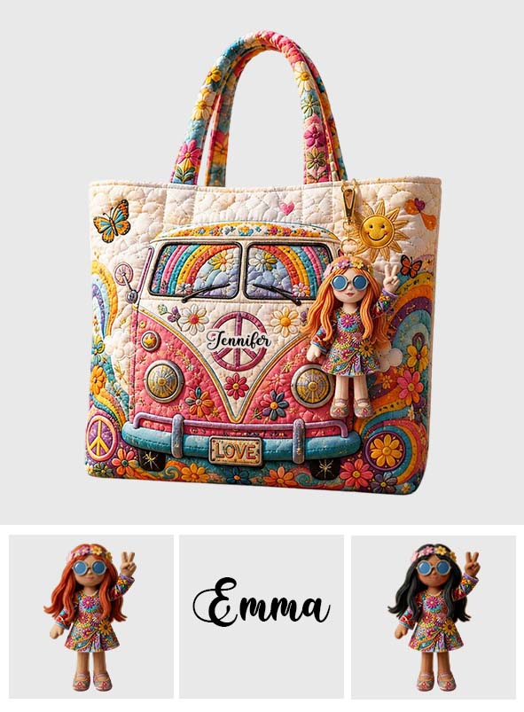 Hippie Soul Set Bag With Charm - Personalized Hippie Quilted Tote Bag With Plush Charm