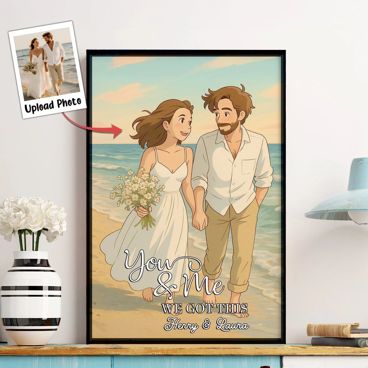 Custom Photo-to-Cartoon Poster – “You & Me, We Got This” Beach Illustration, Upload Photo & Names