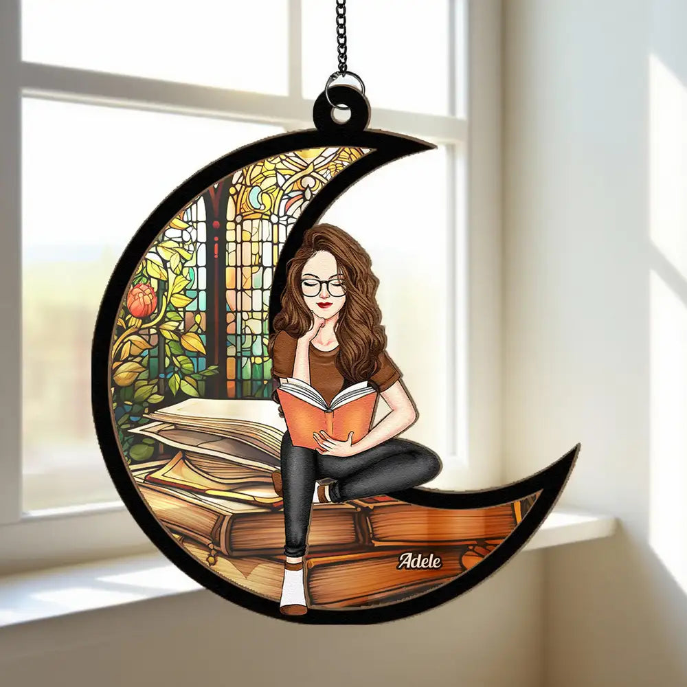Book Lover Ornament with Stained Glass Window, Reading Girl Sitting on Crescent Moon, Cozy Home Décor Gift for Readers