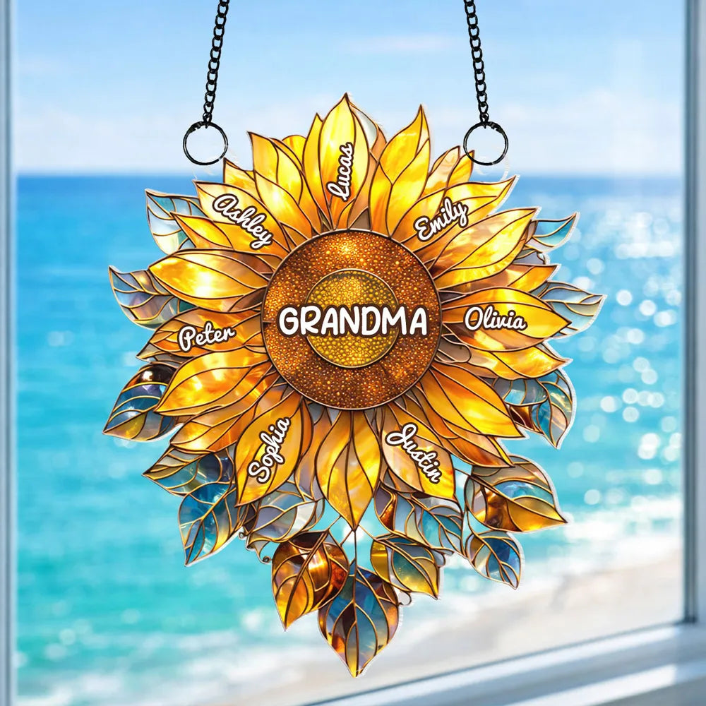Custom Sunflower "Grandma's Love Bugs" Suncatcher - Personalized Window Art with Names for Grandma, Nana & Gigi - Unique Mother's Day or Birthday Gift