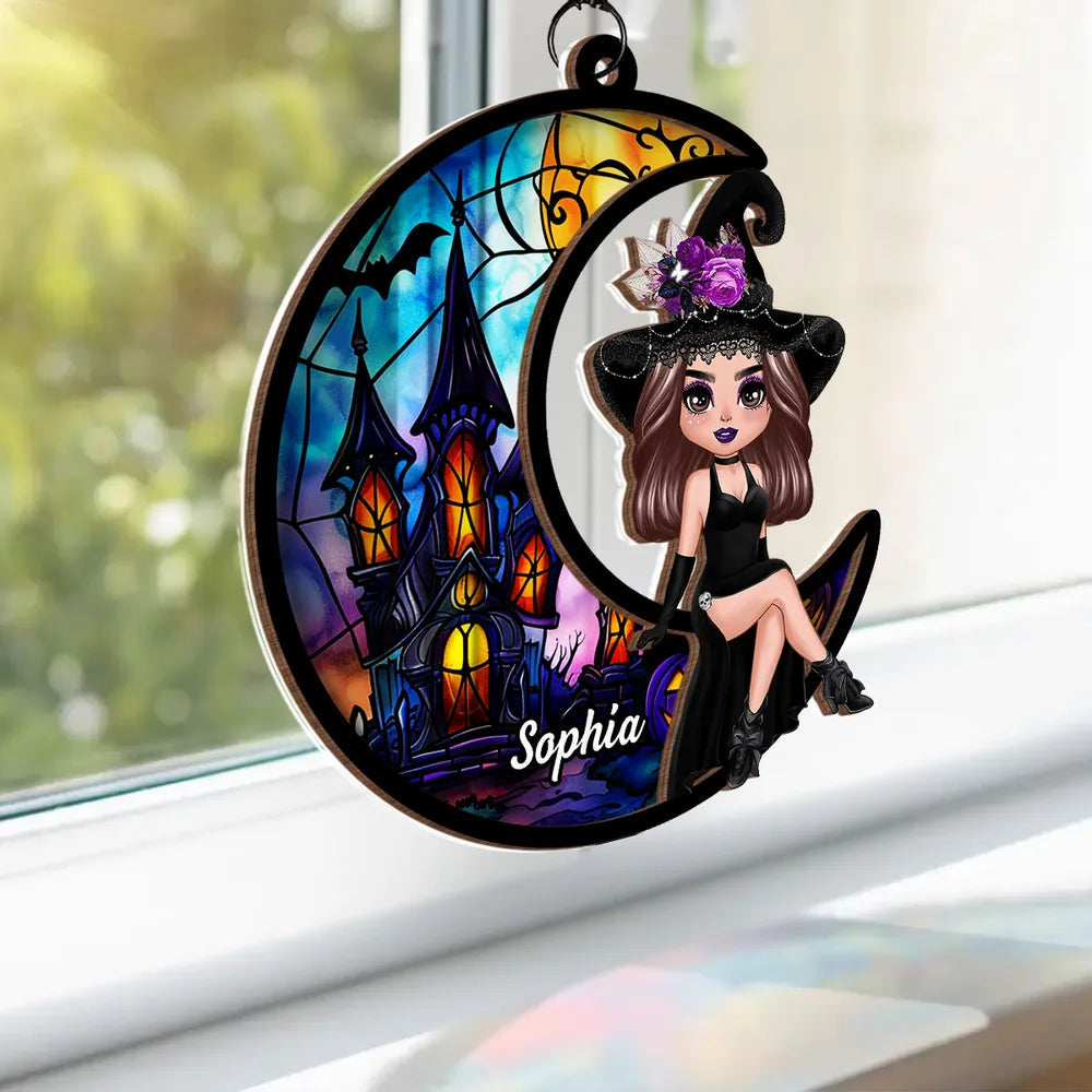 Wood and Acrylic Layered Ornament – Whimsical Moonlight Witch Design, Perfect Gift for Halloween Lovers