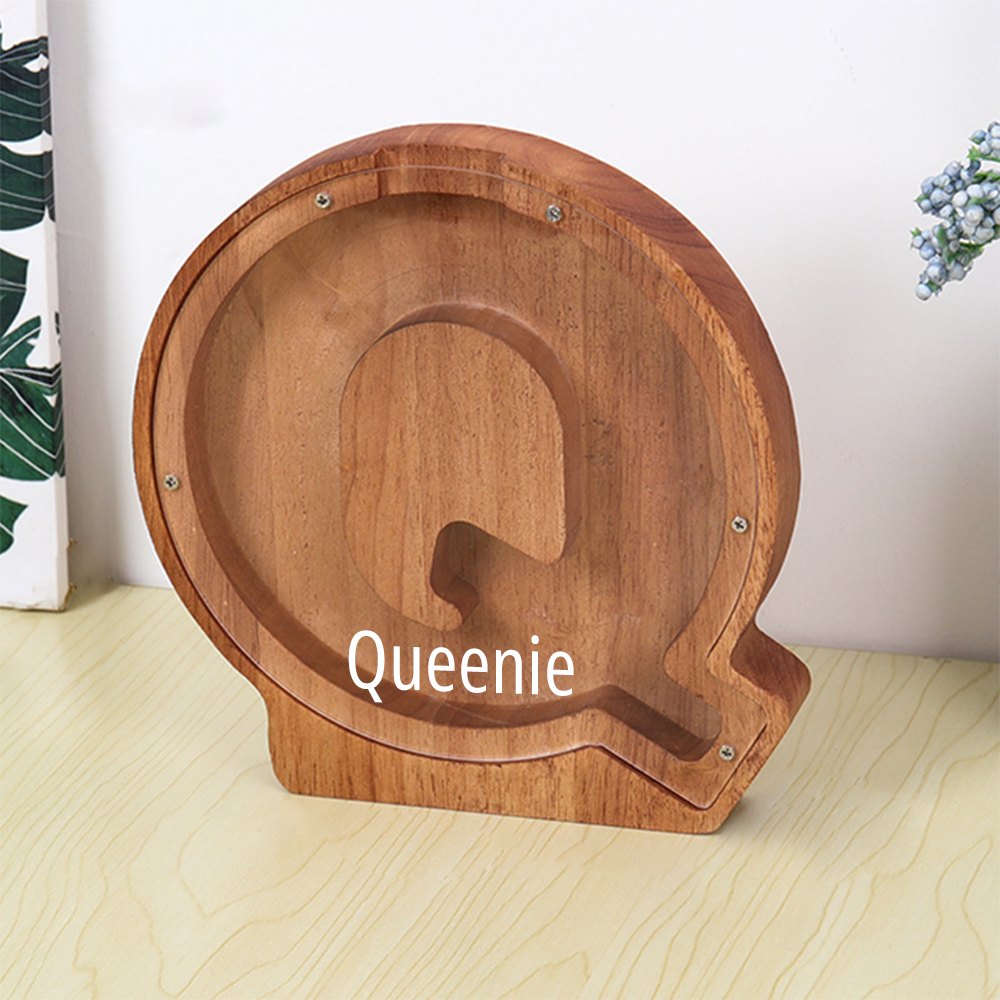 Custom Initial And Name - Personalized Letter And Name Brown Wooden Piggy Bank