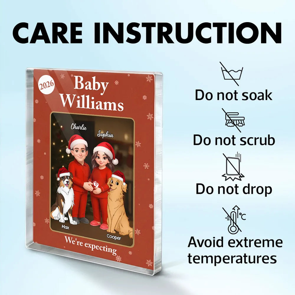 Acrylic Block Plaque Expecting Couple With Dogs, Christmas Santa Hats, Cute Cartoon, a Unique Gift for New Parents