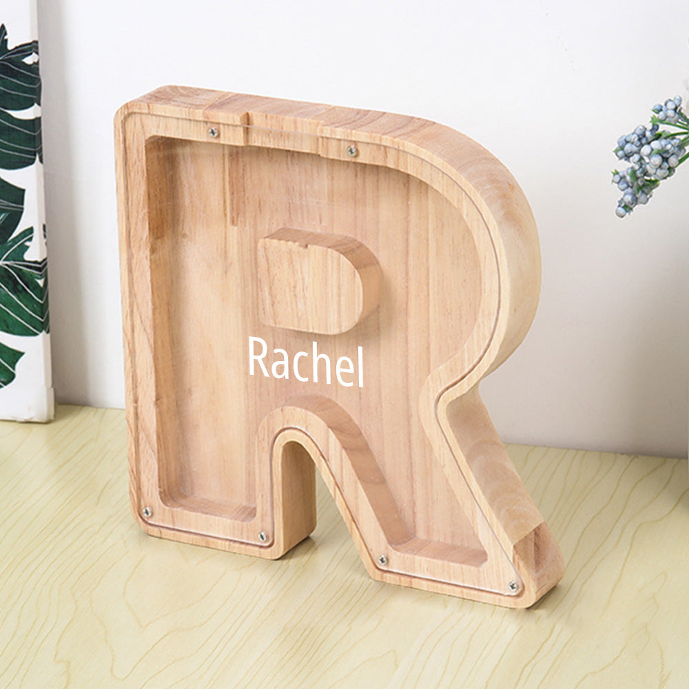Custom Initial And Name - Personalized Letter And Name Light Wooden Piggy Bank