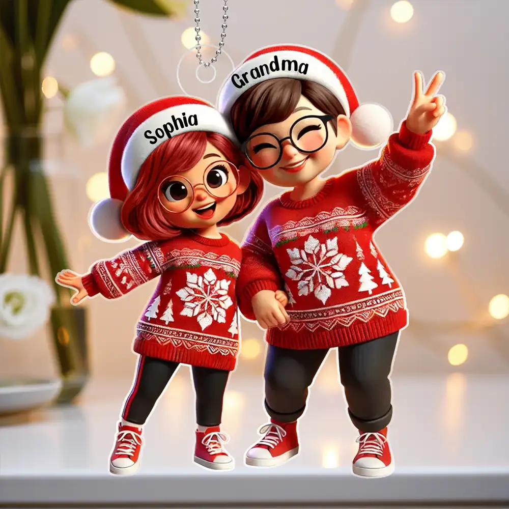 Festive Acrylic Ornament – Grandma & Me, Peace-Sign Pose, Personalized Holiday Gift